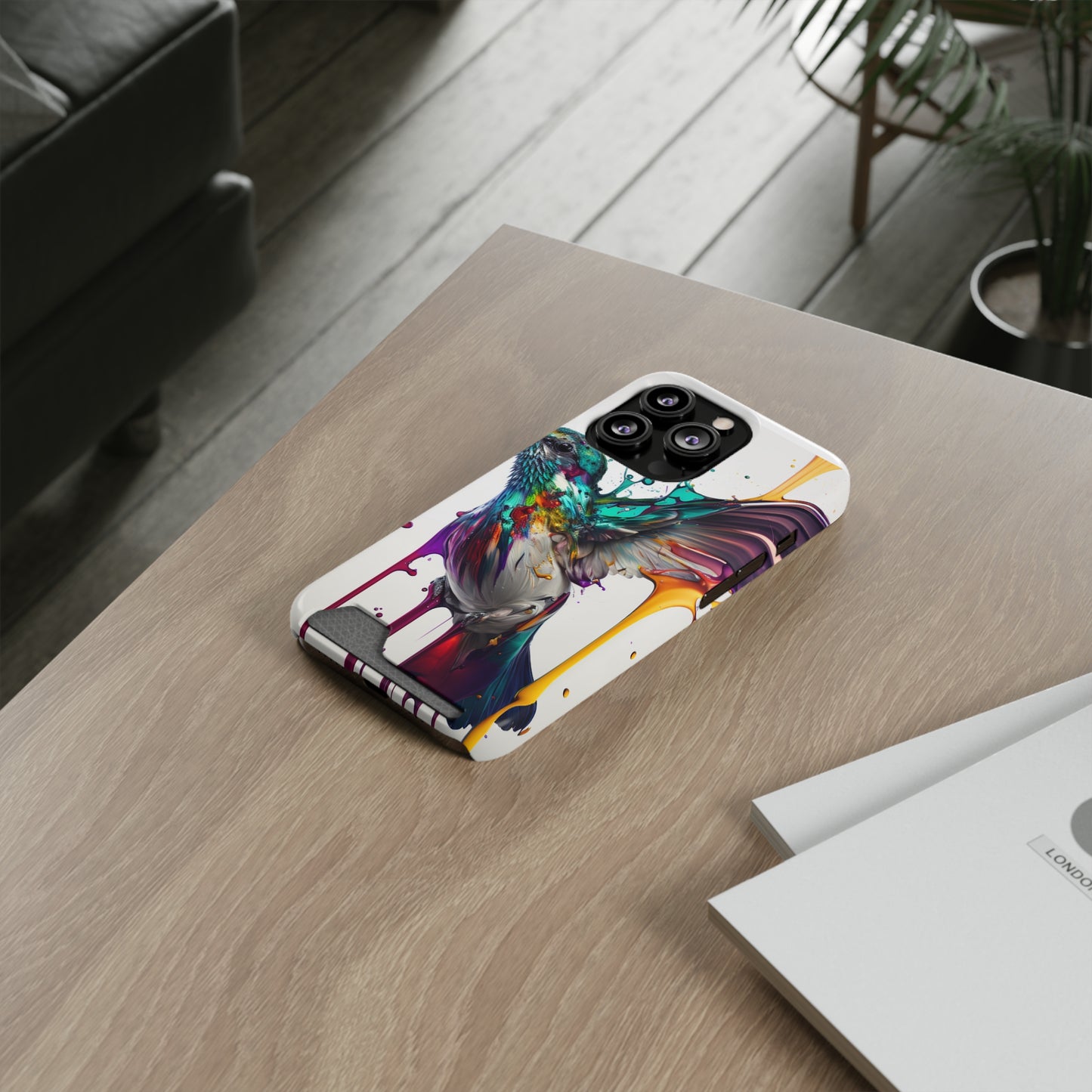 Hummingbird Drip Paint Phone Case With Card Holder
